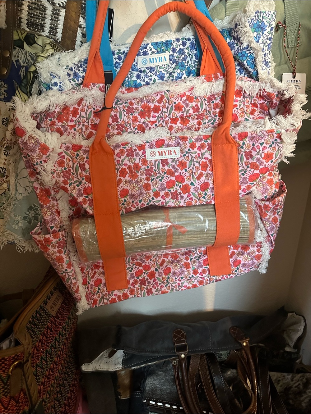 Myra Bag Orange-Trim Floral Canvas Tote